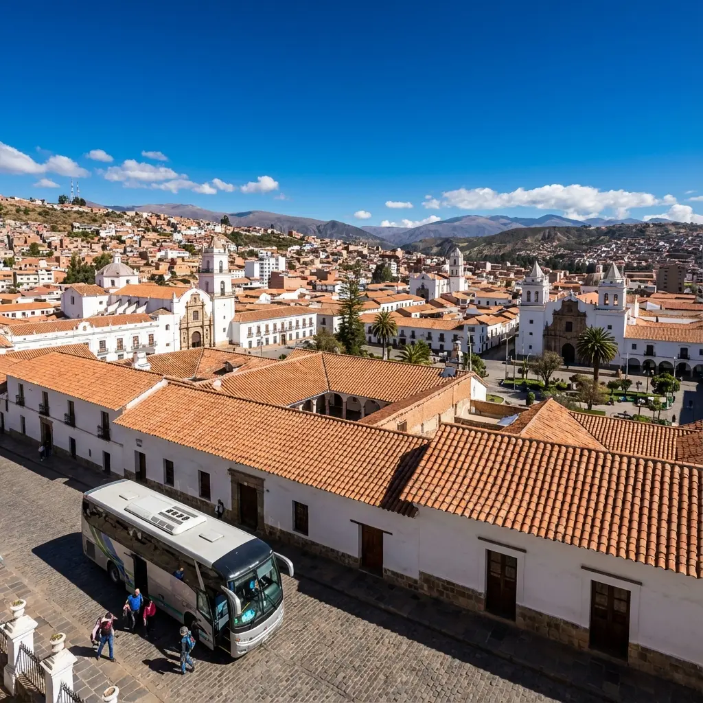 Vista panorámica de Sucre con autobús turístico